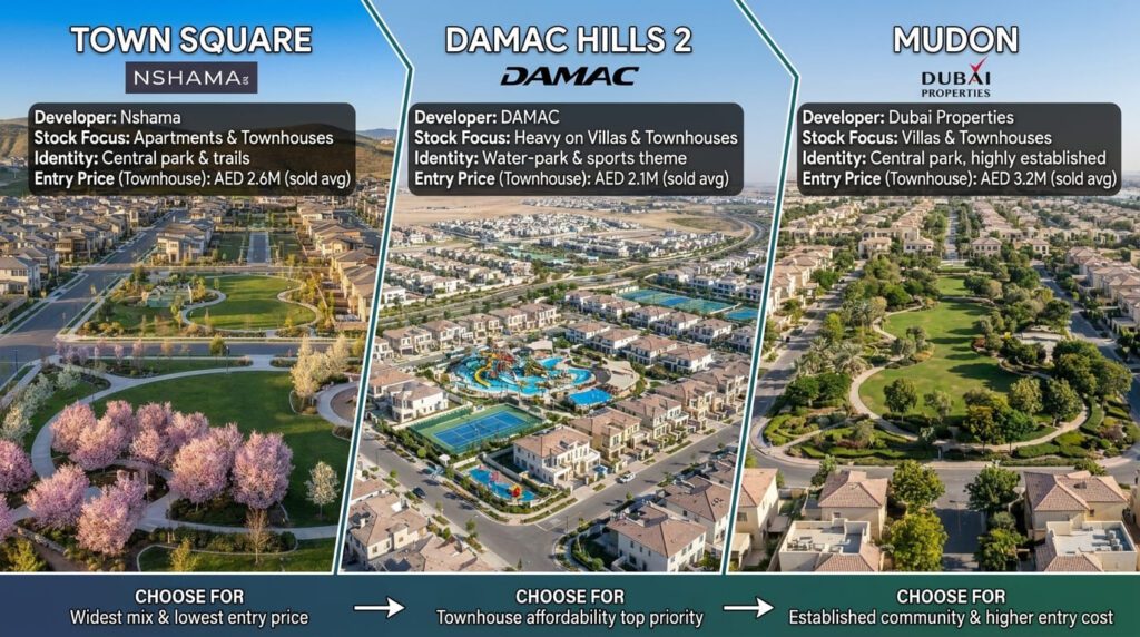 Town Square vs. DAMAC Hills 2 vs. Mudon